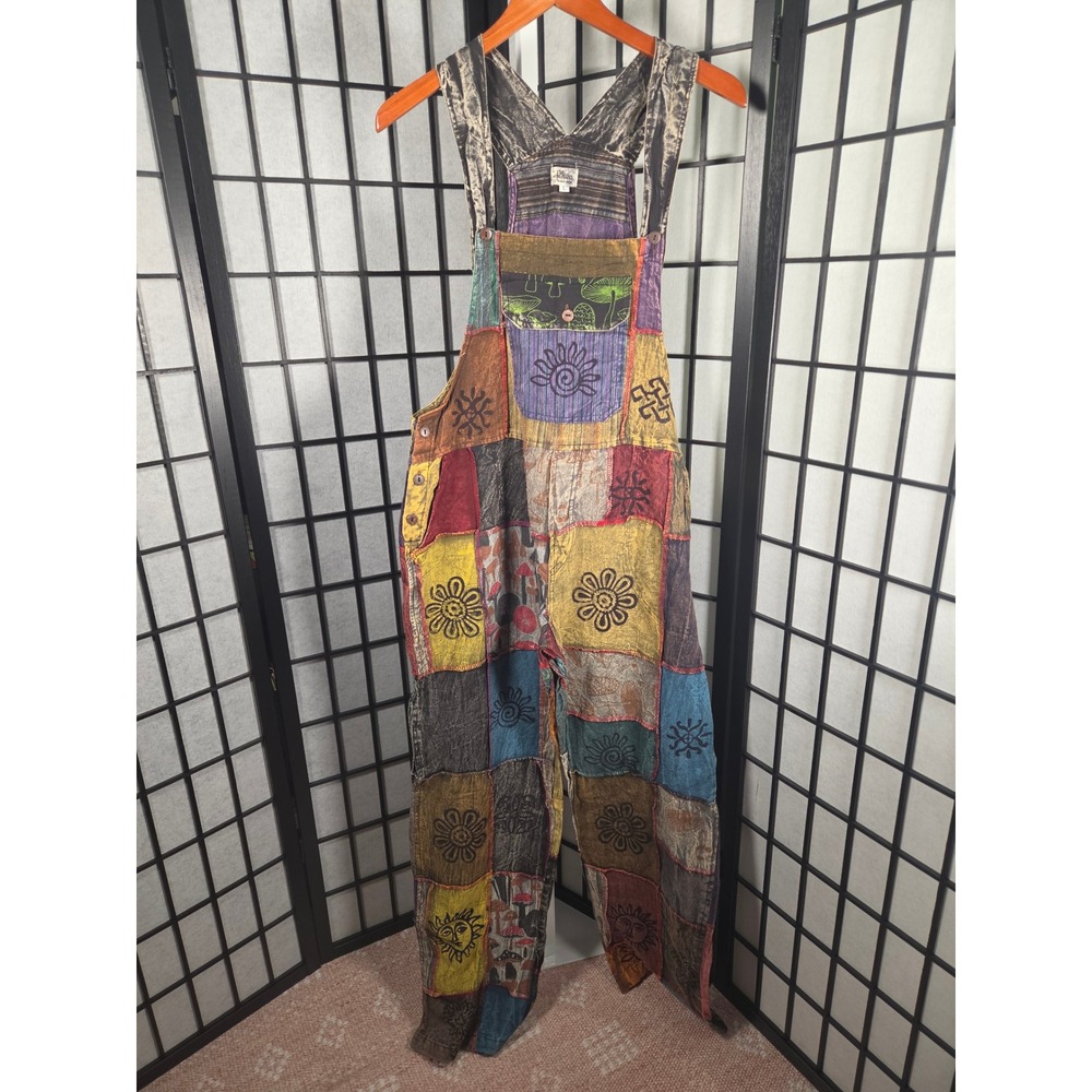 Rhea Patchwork Overalls Womens Boho Corduroy Sun Mushroom Print Multi Color - Picture 2 of 7